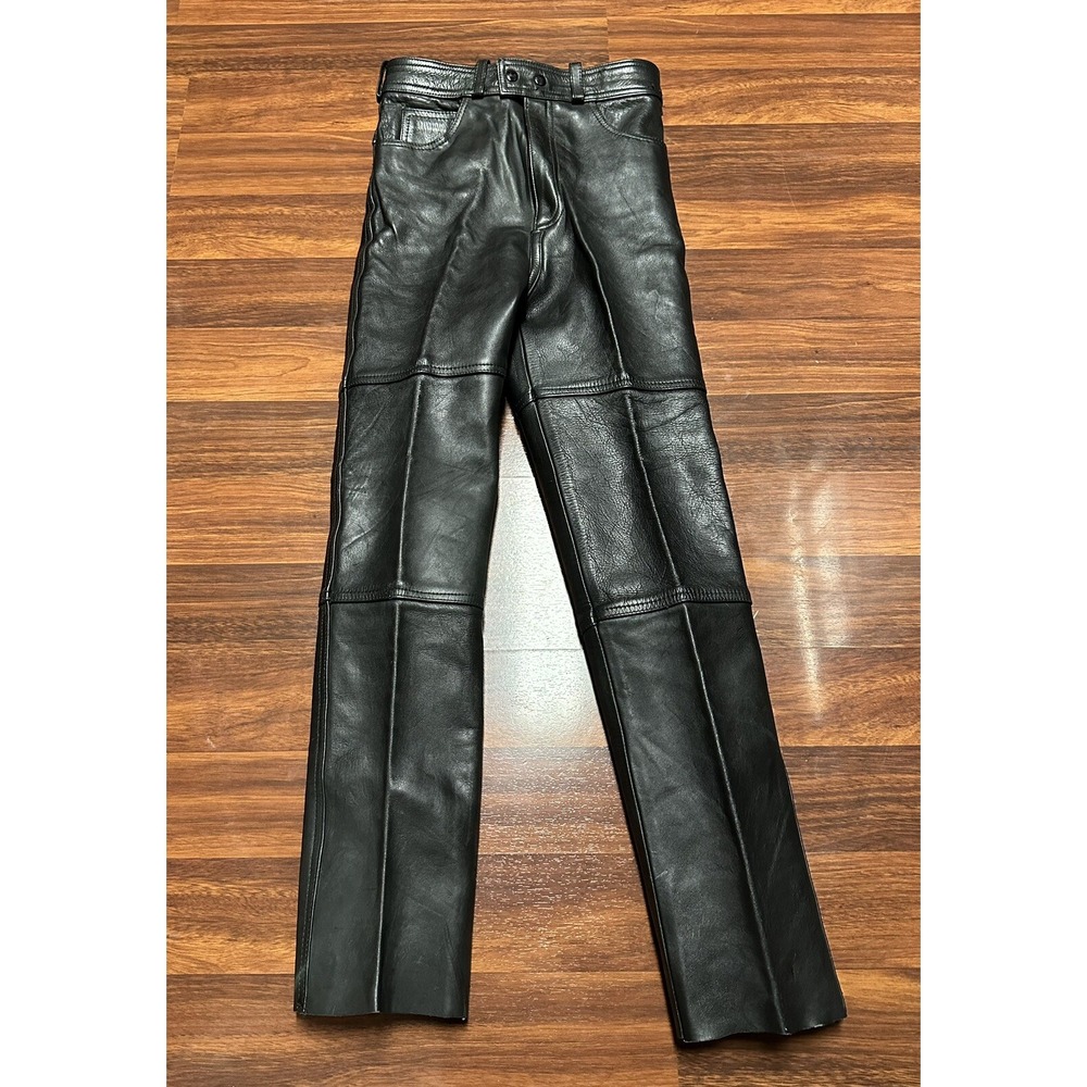 Y2K FIRST Genuine Leather Motorcycle Pants - Size 28 Measures 28"x30" Raw Cuff